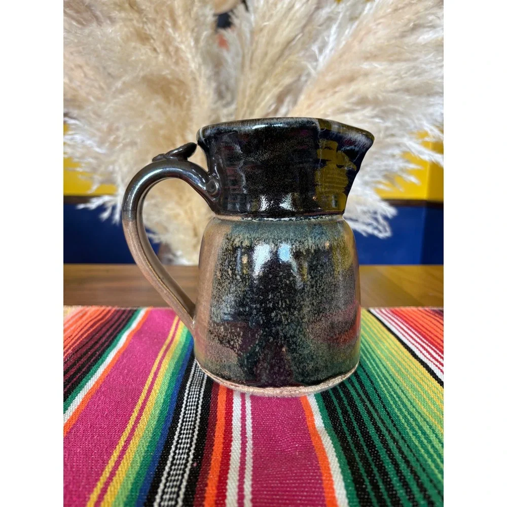 Studio Pottery Iridescent Glaze Pitcher Handmade Stoneware Creamer Black Bronze